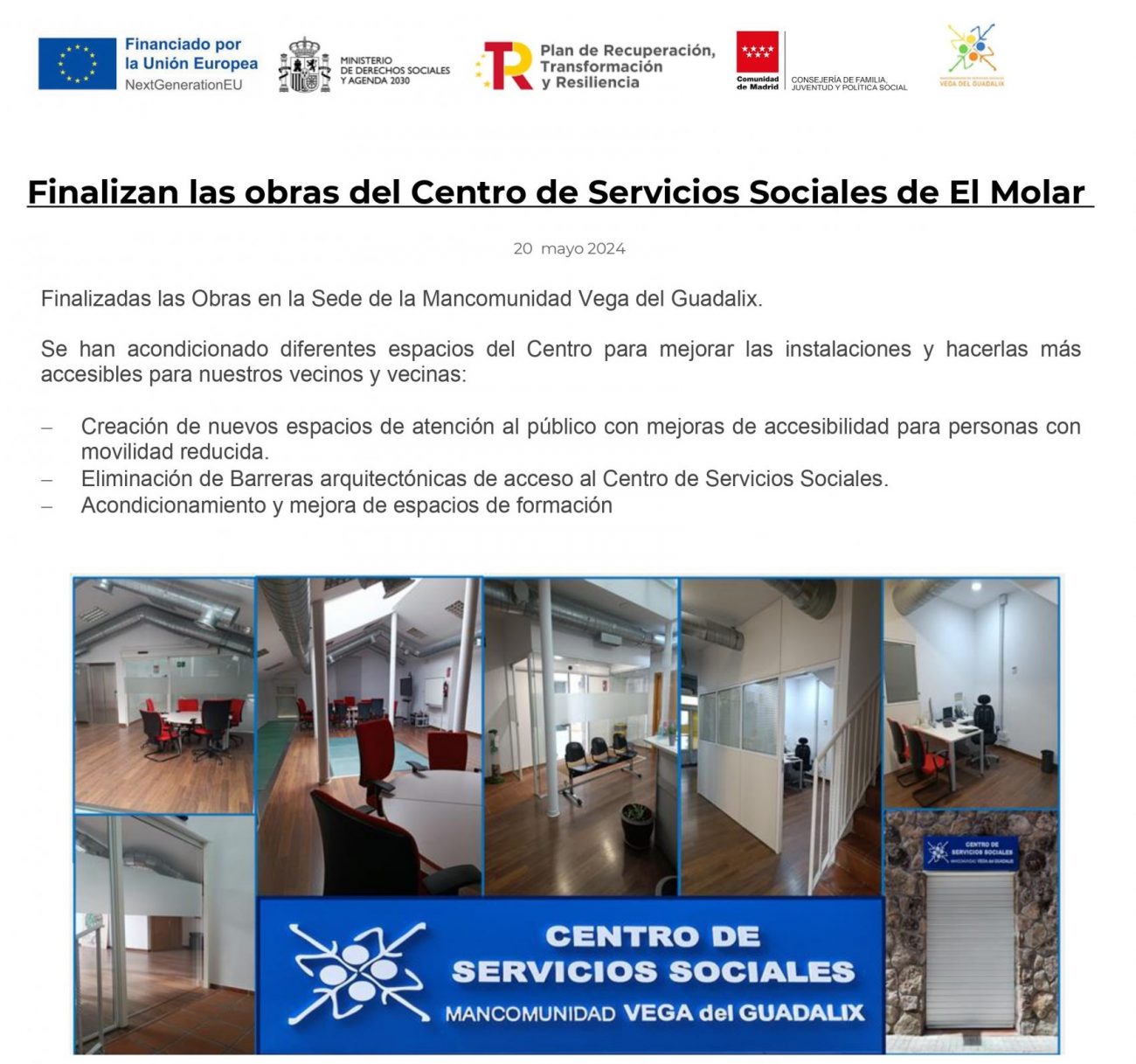 FINALIZAN LAS OBRAS DEL CENTRO DE SERVICIOS SOCIALES DE EL MOLAR